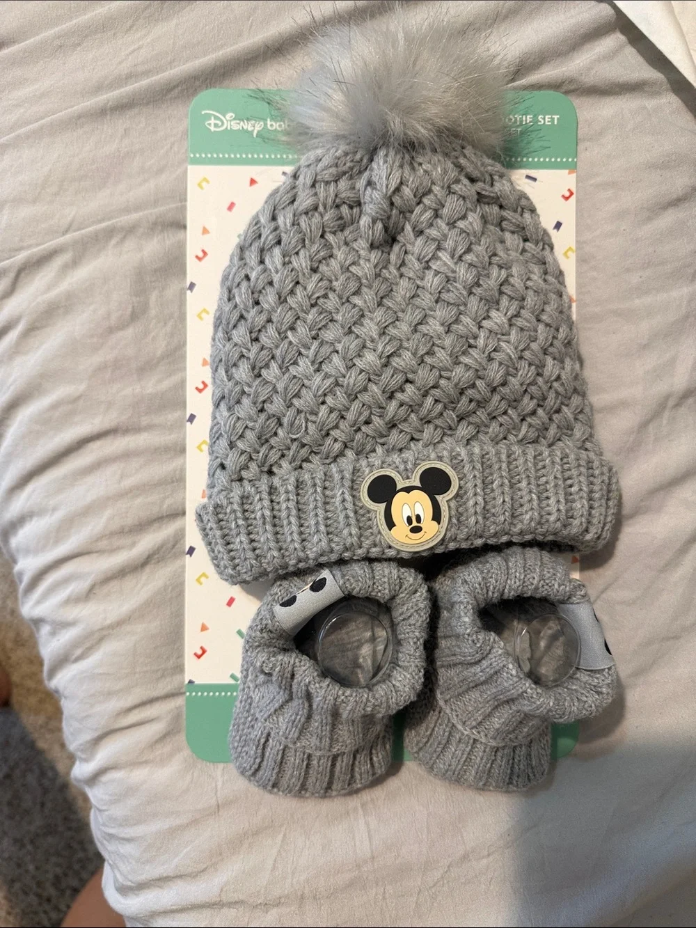 NWT Disney Gray Knit Pom Hat & Matching Booties with Mickey Patch
